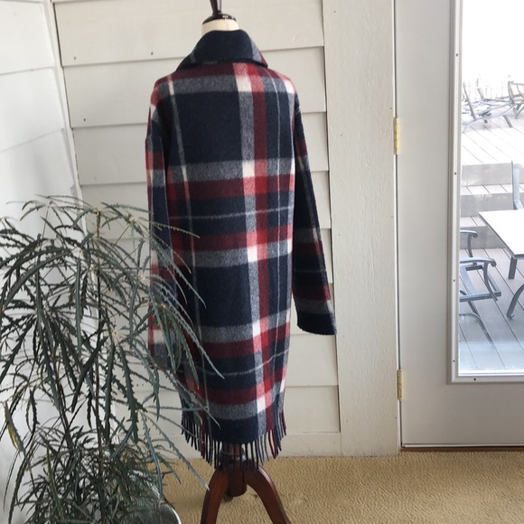 Tahari dark red, white, indigo blue plaid unlined jacket with fun fringe size M - Picture 3 of 12